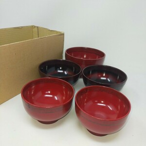 ●未使用●サイズ椀 5点セット 布張根来 お椀 丼 どんぶり 汁椀 漆器 天然木 伝統工芸 ③ S