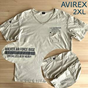 ■ AVIREX ■ 2XL ■ リペア風 Tシャツ ■ ユーズド ヴィンテージ加工 ■ パッチワーク プリント ■ 薄い薄いグリーン ■ 大きいサイズ ■