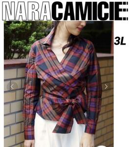 未使用　NARACAMICIE ナラカミーチェ　イタリアンチェックカシュクールシャツ　ウェストリボン　3L　大きいサイズ 