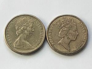 【希少品セール】オーストラリア エリザベス女王肖像デザイン 2種類 1ドル硬貨 1984年 1985年 各1枚