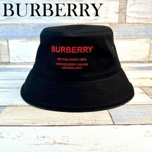 BURBERRY　バーバリー　バケットハット　ブラック　レッド　サイズ　ホースフェリーモチーフ コットンハット　帽子