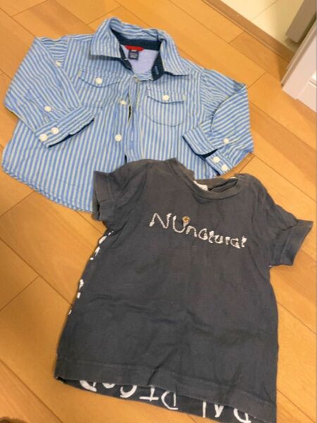 GAPオシャレストライプ長袖シャツとNUシンプルTシャツ男女いける2点セット