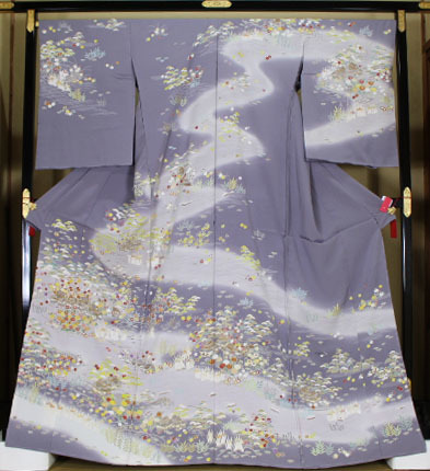新品・送料無料　 正絹　未仕立　「日本の絹」　訪問着　八掛付　茶屋辻柄　　金駒刺繍　グレー地