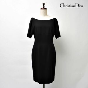 Christian Dior クリスチャンディオール ウール100% ボートネック 膝丈タイトワンピース レディース 黒 ブラック サイズ9*HC192