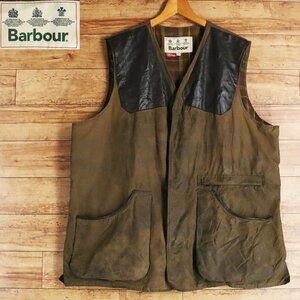 H3S/R6.2-3　Barbour　バブアー　sporting　オイルドベスト　本革　レザーパッチ　シューティングベスト　ワックスコットン　XXL　カーキ系