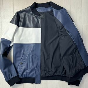 美品/56 XXL〜相当★ヒューゴボス/HUGO BOSS 羊革 ラムレザー フライトジャケット MA-1 ボンバー パッチワーク 3色ボーダー メンズ 紺 秋