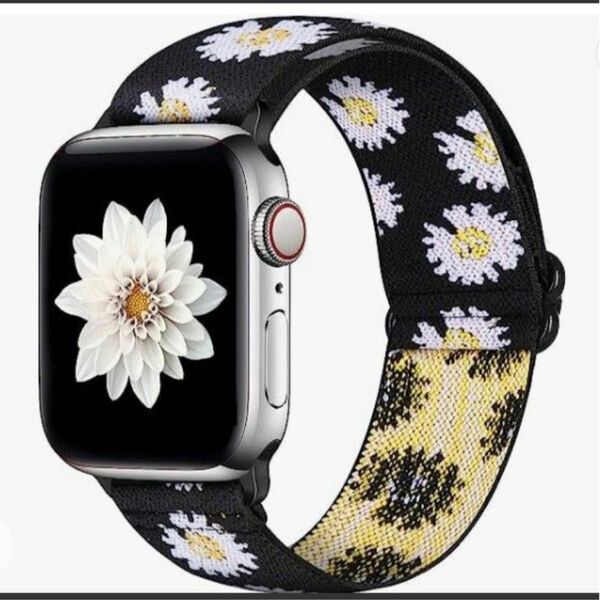 13-47 Onetmpre ナイロン弾性時計バンド　向日葵　ひまわり　花　ブラック　AppleWatch 42/44/45mm