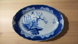 ヴィンテージ以上 アンティークは「？」 古いお皿 日用雑器 小皿 楕円形 縁が波状 藍色 W16×H10.4×D2.6cm※USED品/50年超物/レトロ