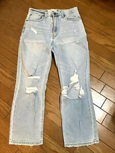 美品【Abercrombie&Fitch】ダメージデニムパンツ/28, 6S★ANKLE STRAIGHT ULTRA HIGH RISE ★アバクロンビー&フィッチ★レディース★USED