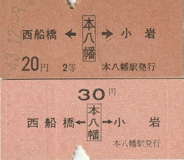国鉄、乗車券、硬券、矢印式、本八幡から20円、30円、昭和43, 44年発行。