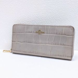 【3502】美品！ COACH コーチ クロコ調 レザー ラウンドファスナー長財布 No.A1582-52424 ベージュ ゴールド金具 革 レディース メンズ