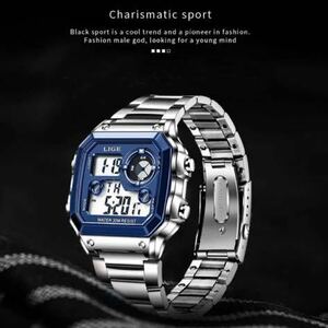 【新品】LIGE スポーツウォッチ メンズ腕時計 デジタル ブルー メタルバンド 防水 男性 高級感 セール コスパ最高