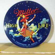 ミラー社 ブリキ？ 鉄板？ 看板 U.S.A.製 miller HIGH LIFE 直径約28.5㎝ 未チェック 詳細不明 ジャンク扱い _画像1