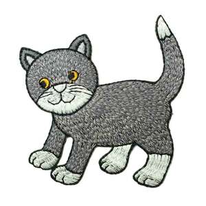 ★新品 ネコ 猫 CAT 動物 キャット キャラクター グレー デザイン ワッペン アイロン 簡単貼り付け アップリケ 刺繍