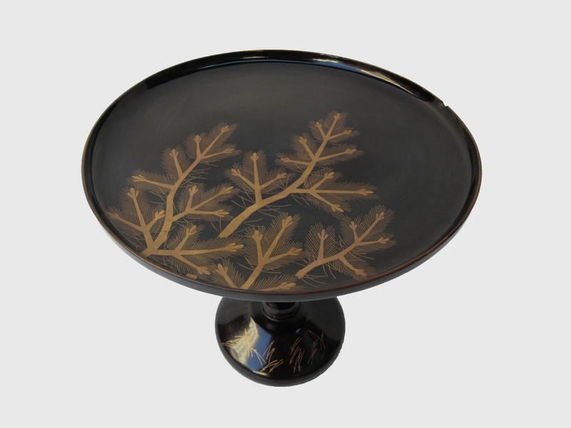 ○e1520 高坏菓子器 径28cm 高さ21.5cm 菓子盆 木製 漆塗 梨地 蒔絵