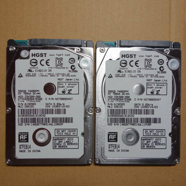 HGST◆500GB HDD 2個◆HTS545050A7E680 [500GB 7mm]◆使用時間 3806・4001時間