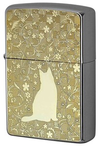 Zippo ジッポライター 200 Flat Bottom Metal Paint Plate GP 2MP-ネコと花 メール便可