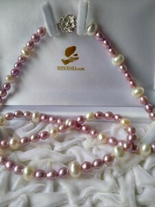 本真珠　淡水パール　サーモンピンク、ホワイトパールmix　ロングネックレス　silver 未使用品 真珠ネックレス