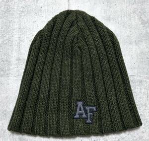 アバクロ ウール × コットン ニット帽 ニットキャップ ビーニー ワッチ　　Abercrombie & Fitch A&F ロゴキャップ オリーブ 玉8355