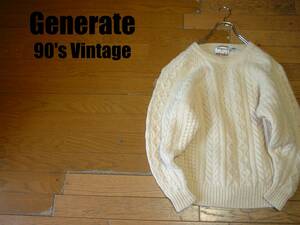 90sビンテージGenerateケーブルニットウールセーター美品SM白オフホワイトHAND KNITアランニットフィッシャーマンズインバーノルディック