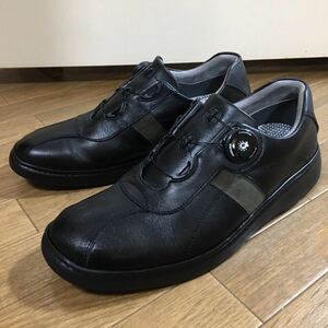 ◎ 美品 ホントニラクダ HONTONIRAKUDA ダイヤル式 メンズ 牛革 ウォーキングシューズ スニーカー 24.5cm 4E ビジネスシューズ ブラック 黒