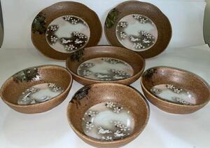 ◆桜 うさぎ◆【 小鉢3ヶ ／浅平鉢 1ヶ ／大皿 2ヶ】 茶色 陶器 未使用