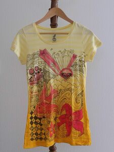 ＜未使用＞＜新品＞＜ハワイで購入＞ROXY ロングTシャツ　編み柄ボーダー　カラーグラデーション　プリント　半袖　イエローオレンジ