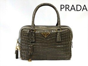 ◆ 激レア 希少 本革 【美品】【参考定価 ￥1,800,000】 PRADA / プラダ シャイニー クロコ ハンドバック 三角プレート 120809