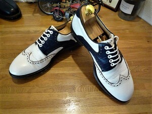 USED Jean bati -stroke total original leather golf shoes 6.5 white x.. navy 