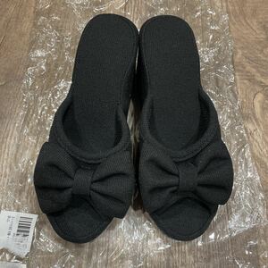 新品 未使用 リボン付きヒール サンダル 室内履き　エステ サロン ブラック バタフライ 美脚 23.5 24 S M 無地 シンプル 可愛い ナース