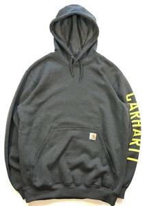 【日本未発売】Carhartt カーハート スウェット パーカー フーディー メンズM チャコールグレー 灰 袖プリント 裏起毛 US ワーク 希少