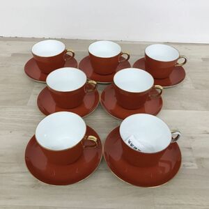 大倉陶園 OKURA 色蒔き レッド モーニングカップ＆ソーサー 7 客セット[N8165]
