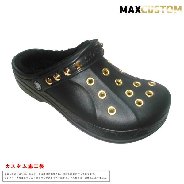 秋冬用 クロックス crocs パンク カスタム 22～29cm 黒 純金メッキ加工 ブラック ファー ボア付 新品 custom winter clog MAXCUSTOM