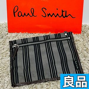 良品 ポールスミス PaulSmith レザーストライプ ポーチ デニム インディゴ ネイビー メンズ レディース ユニセックス 財布 バッグ 8538