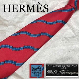 ■良品■超希少■HERMES×Coca Cola エルメス×コカコーラ　コラボ　ネクタイ　レジメンタルストライプ　シルク100% フランス製　レッド