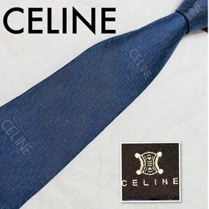 ■美品■希少デザイン■現行■CELINE セリーヌ　ネクタイ　ロゴ文字総柄　シルク100% イタリア製　ブルー系