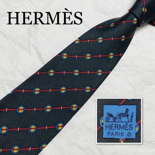 ■美品■HERMES エルメス　ネクタイ　レジメンタルストライプ　紐　サークル　円　シルク100% フランス製　グレー　ビジネス