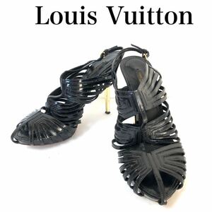 LOUIS VUITTON ルイヴィトン　フラワー　サンダル　ヒール　エナメル　ブラック　ゴールド金具　イタリア製　サイズ39
