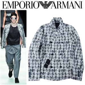 新品 2018SS EMPORIO ARMANI エンポリオアルマーニ 最高級幾何学柄レーヨンコットンライトジャガードショールカラーダブルジャケット 46/SM