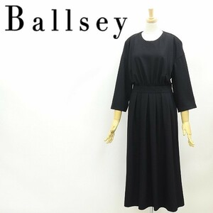 美品◆BALLSEY ボールジー トゥモローランド ウール ギャザー タック 切替 フレア ロング ワンピース 黒 ブラック 40