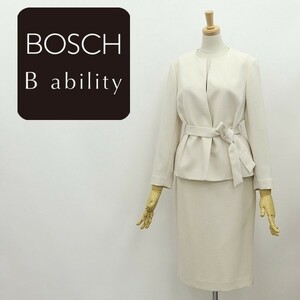 ◆BOSCH B ability ボッシュ ビーアビリティ リボンベルト付 ノーカラー ジャケット＆スカート スーツ セットアップ アイボリー 38