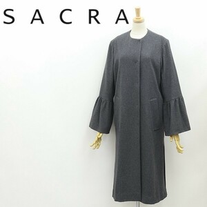 美品◆SACRA サクラ カシミヤ混 ギャザー 切替 スリットスリーブ ウール ノーカラー ロング コート チャコールグレー 38