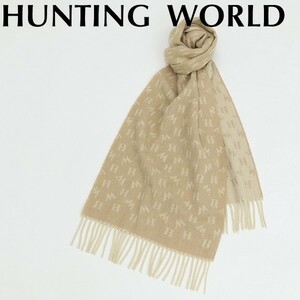 ◆HUNTING WORLD ハンティングワールド カシミヤ100％ 総柄 ウール マフラー ベージュ×ライトベージュ