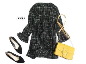 ザラ ZARA WOMAN 大人可愛い☆ ツイード チェック 袖先フリル バックファスナー ワンピース S