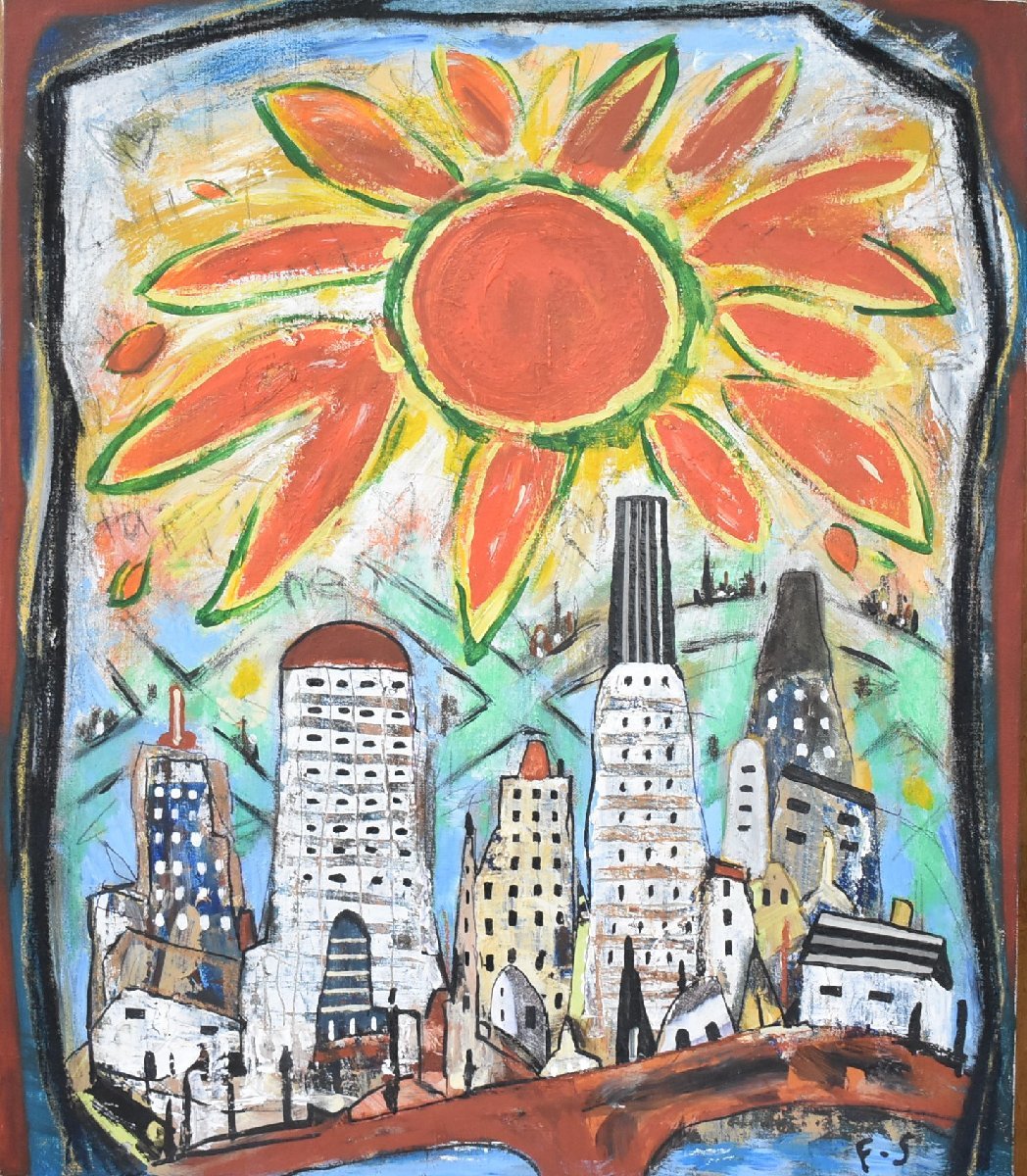 Теплые лучи солнца, льющиеся на экран, изображены в теплых тонах Новая работа популярного западного художника Фудзико Сираи № 10 Bay Area and the Sun [Seiko Gallery], рисование, картина маслом, Природа, Пейзаж