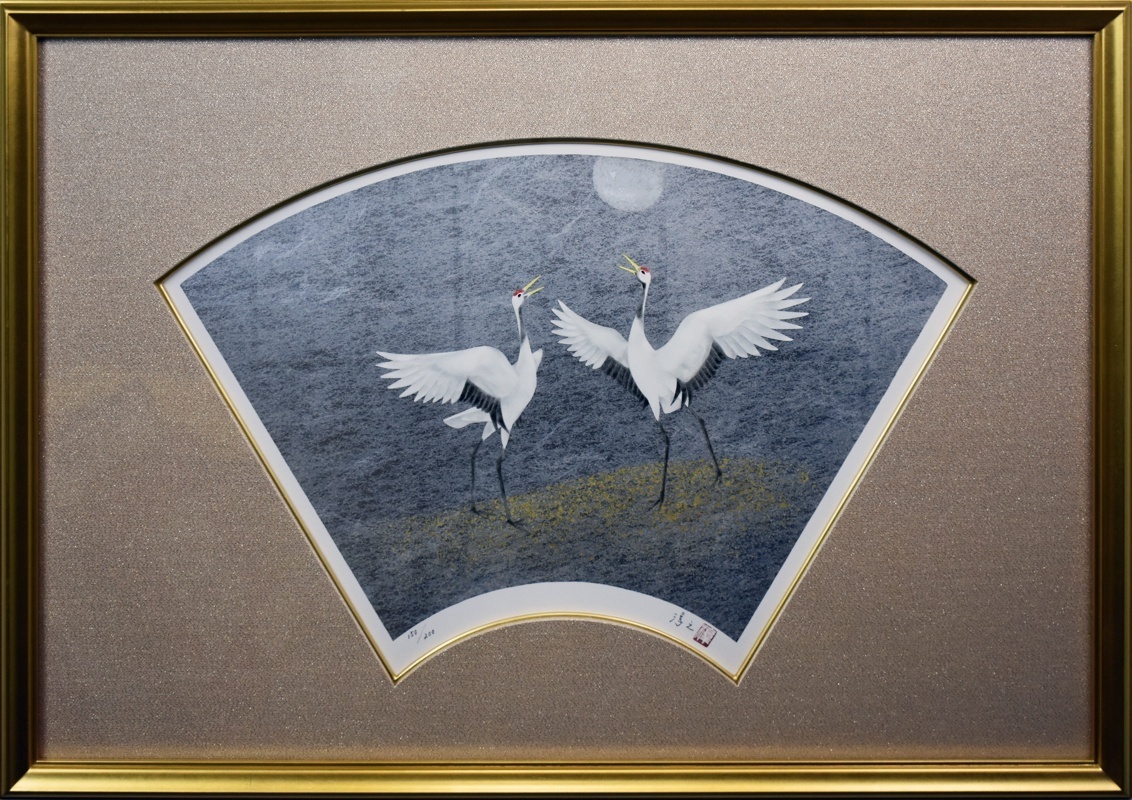 Order of Cultural Merit Recipient Painter, lucky pair of cranes in the form of a fan Atsuyuki Uemura Lithograph Moon: From the series (Setsugekka) [Masamitsu Gallery, 5000 items on display], artwork, print, lithograph, lithograph