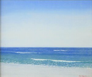 外房の海の絵を描き続けました。　大槌隆 　 油彩画　8号　　「海辺の光景」　　優しい波の音が聞こえてきます　　【正光画廊】