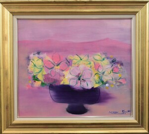 Art hand Auction Eine Reihe süßer Blumen auf Rosabasis. Die beliebte westliche Malerin Mizuko Kumazaki Nr. 10 Ferne Berge und Blumen [Masami Gallery], Malerei, Ölgemälde, Natur, Landschaftsmalerei