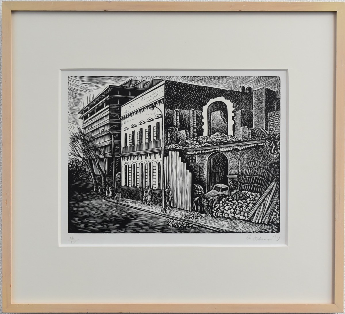 A monochrome print that is easy to display! Manuel Echauri Building Woodblock print Limited to 25 copies [Seiko Gallery], Artwork, Prints, woodblock print