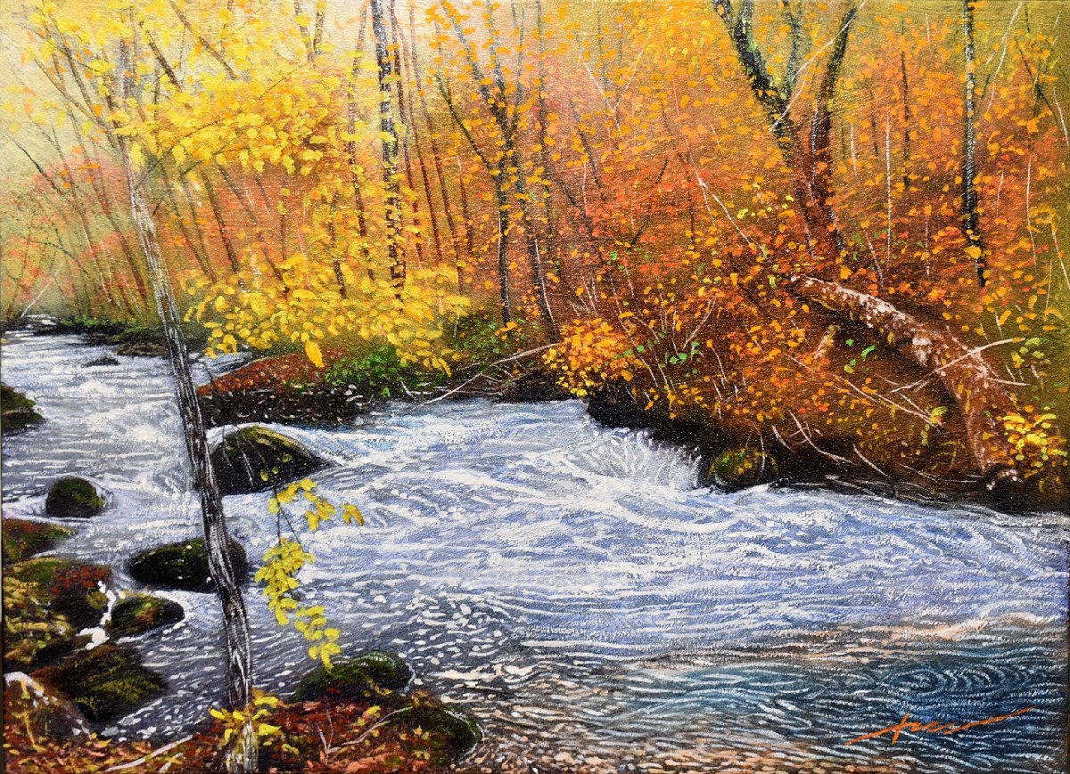 ¡Seguir pintando paisajes con delicadas pinceladas! ¡Nuevas pinturas al óleo de artistas populares! Shoichi Kamisuzuki 4F Oirase Stream (Gentle Stream) [Galería Masamitsu], cuadro, pintura al óleo, Naturaleza, Pintura de paisaje